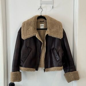 Zara Women's Dark Brown Leather Jacket with Shearling